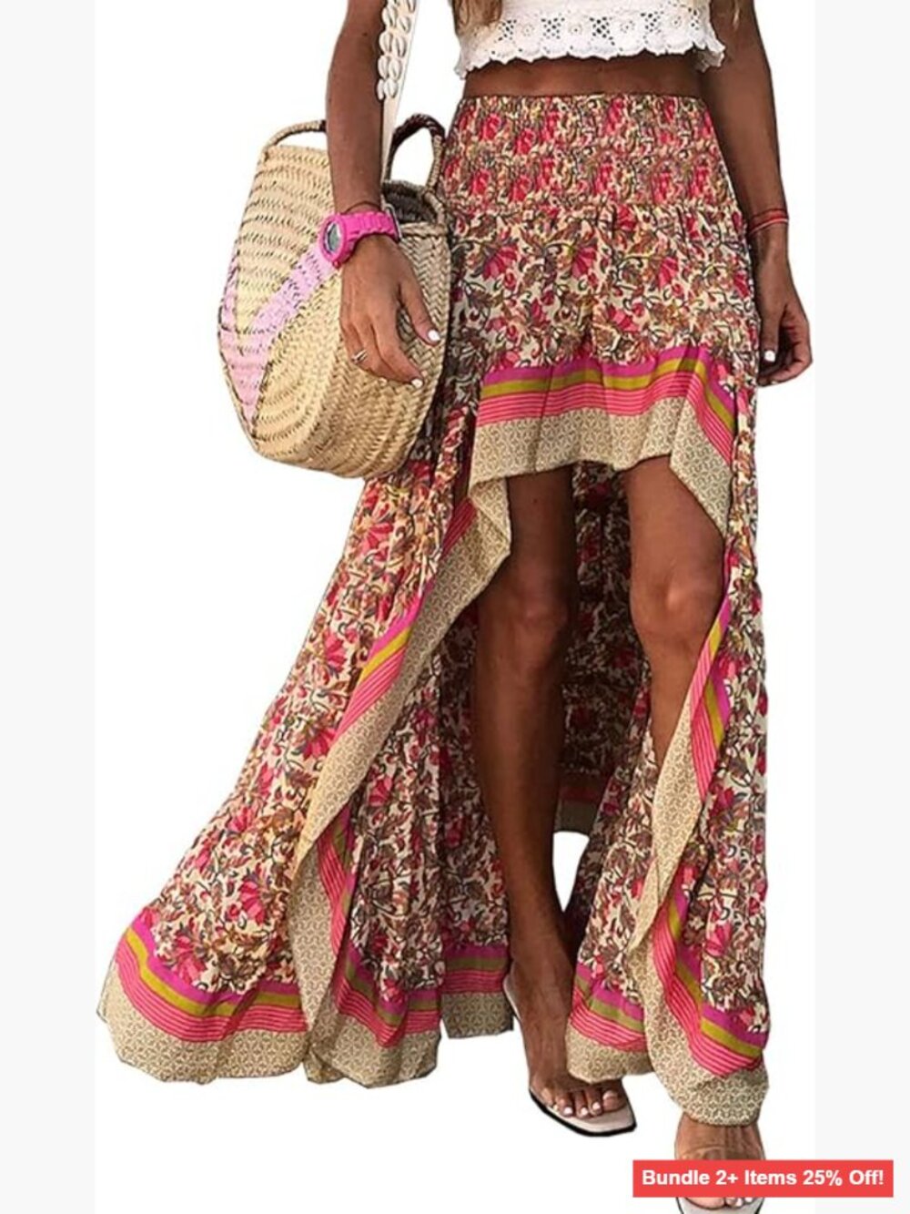 Floral Maxi Skirt with Elastic Waist High Low Ruffle Split Boho